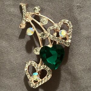 Gold Toned Green and Rhinestone Hearts Brooch Pin